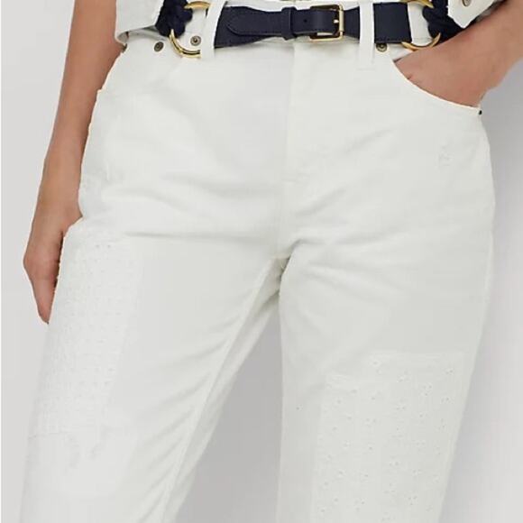 NWT Lauren Ralph Lauren Eyelet Patchwork Relaxed Jeans White Womens Size 14 - Picture 3 of 8